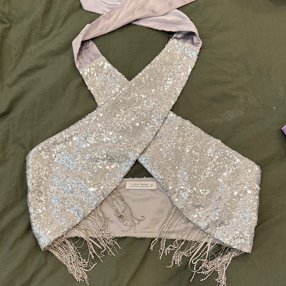 12th Tribe Silver Sequin Fringe Wrap top